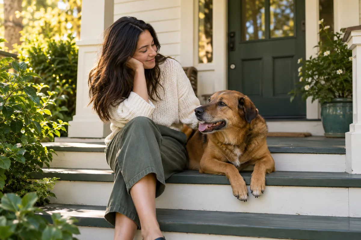 A woman sitting on porch steps beside a brown dog.