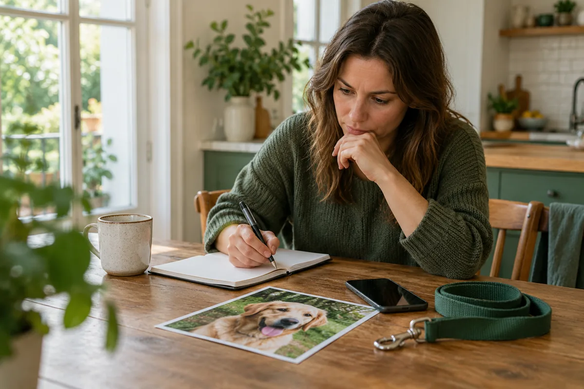 A woman writing in a notebook beside a phone, dog photograph, and leash.