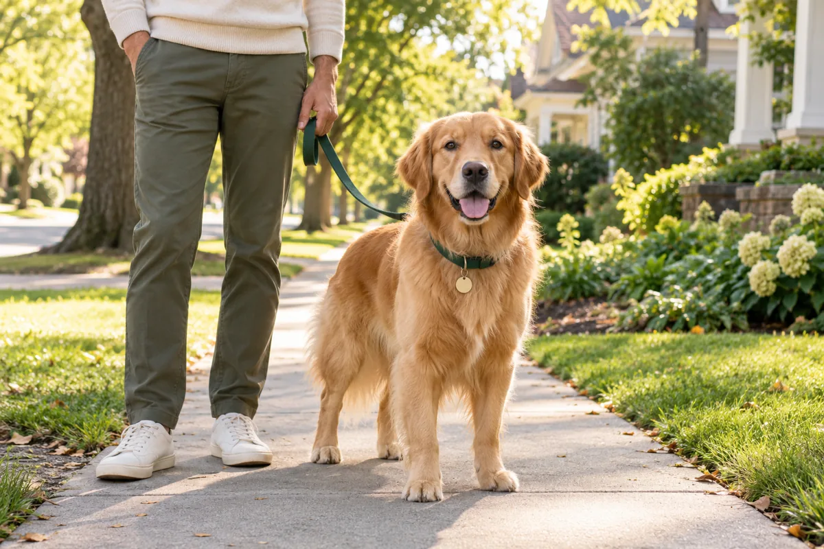A golden retriever wearing a green collar beside its owner on a leafy neighborhood sidewalk.