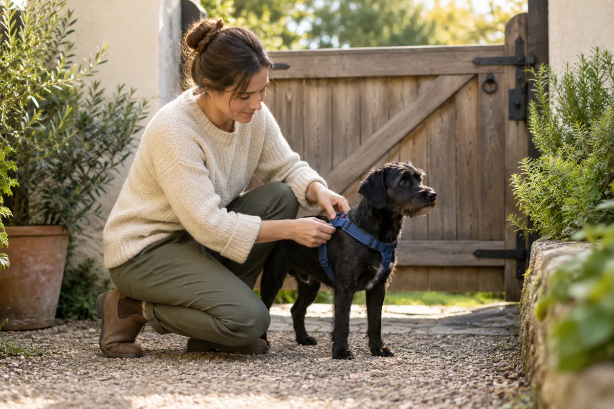 A woman checking a blue harness on a black dog beside a closed wooden gate.